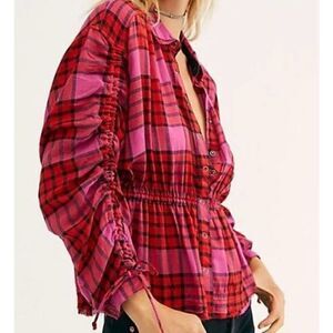 Free People Pacific Dawn Plaid Shirt Hot Pink Red Plaid Snap Button Down Sz. XS